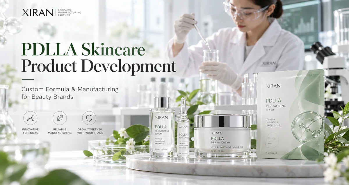 Skincare scientist in lab coat and goggles conducting product testing with PDLLA skincare products, including serum, cream, ampoule, and mask, displayed in a clean laboratory setting.